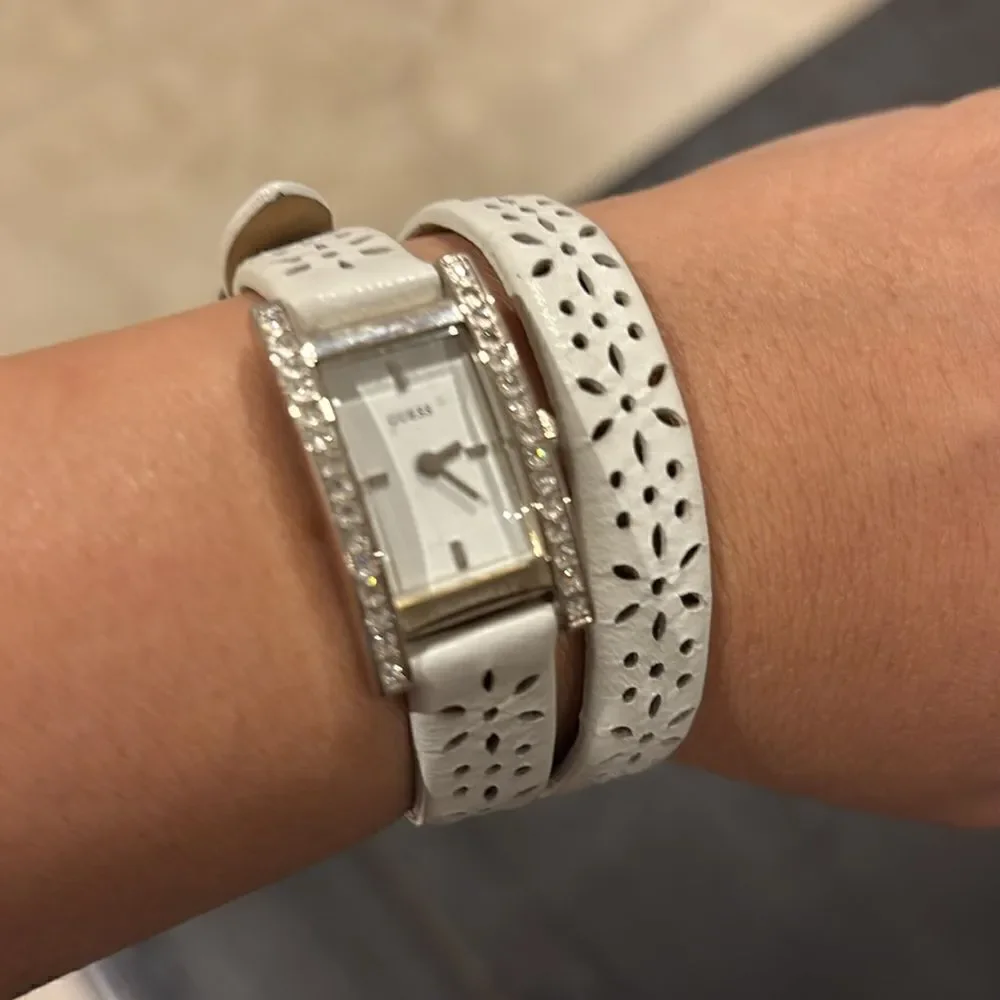 Small White Diamond Guess Watch Laser Cut-Out Wrap Around White Leather Band